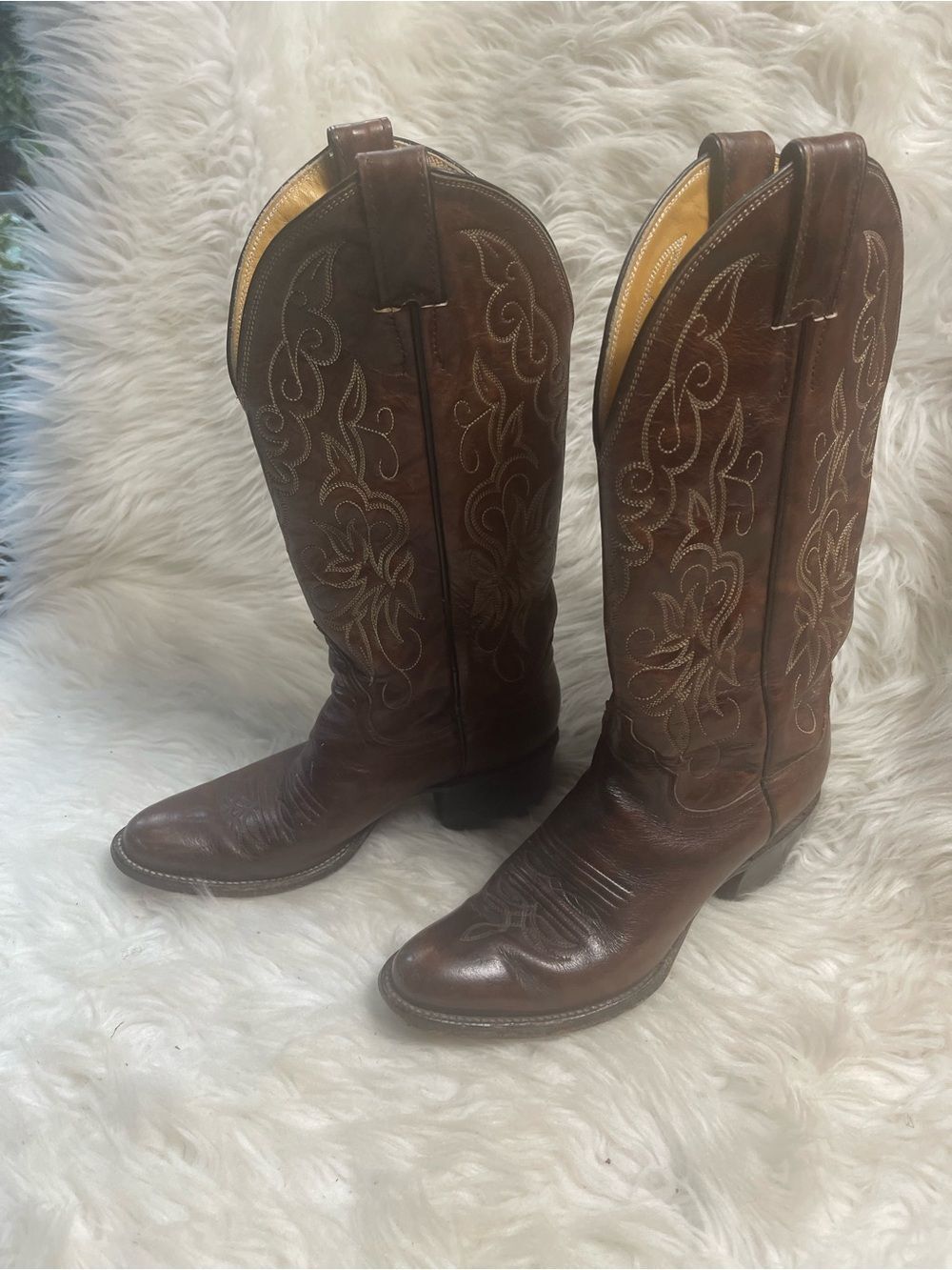 Justin Boots 4137 Leather Chestnut Cowboy Boots with Embroidered Shaft SZ 5B
